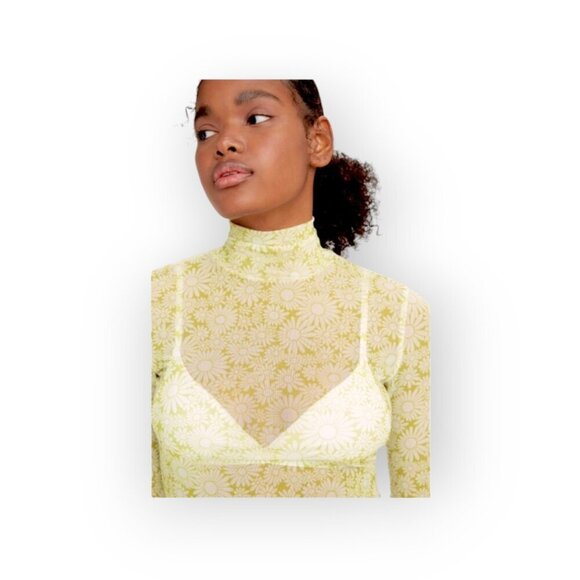 Semi Sheer Levi's Mesh Top XS Green White Daisy Print Mockneck Boho Layering - Picture 6 of 8